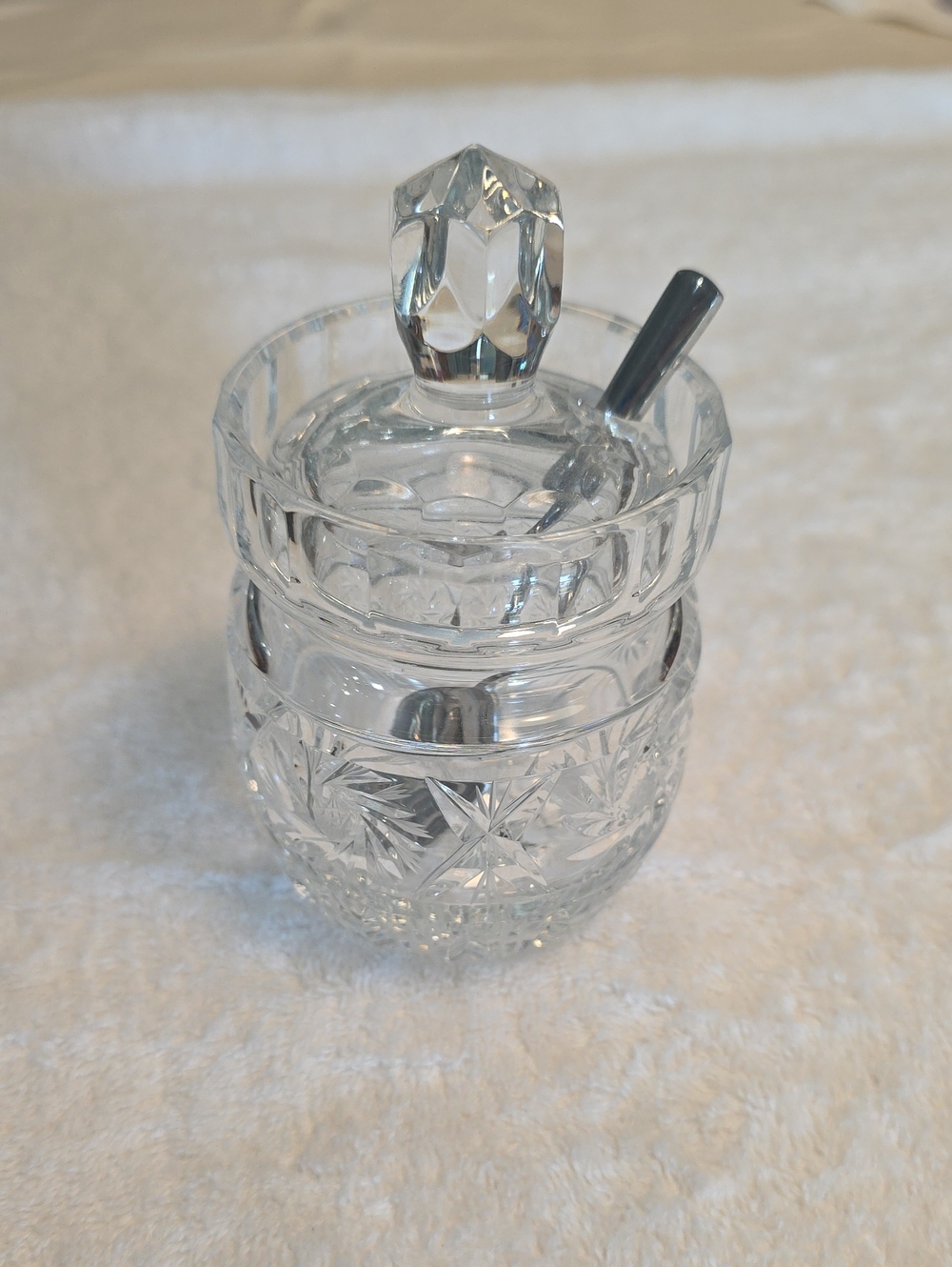 Cut Glass Crystal Sugar Bowl with Lid and Spoon - Clear